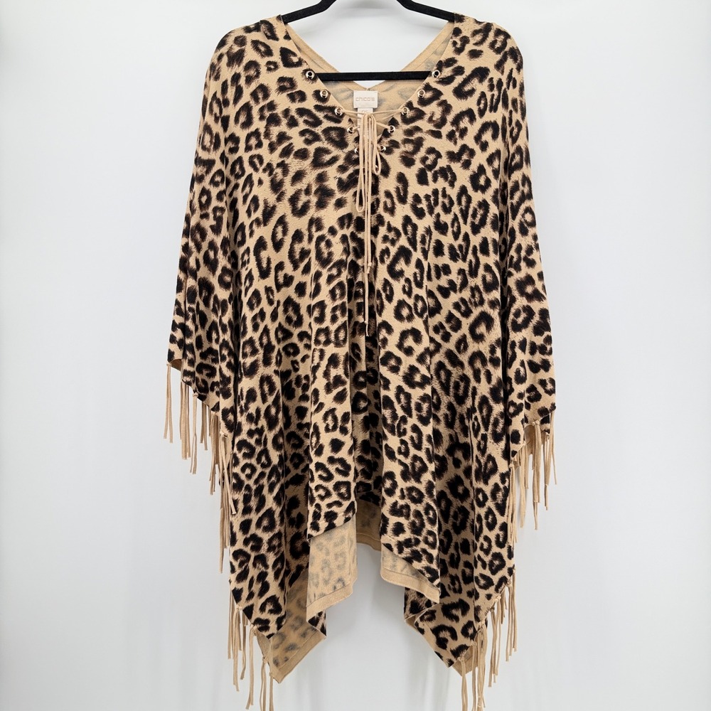 Chicos Leopard Print Poncho OS Tan Brown Lace Up V-Neck Fringe Trim Wrap Knit